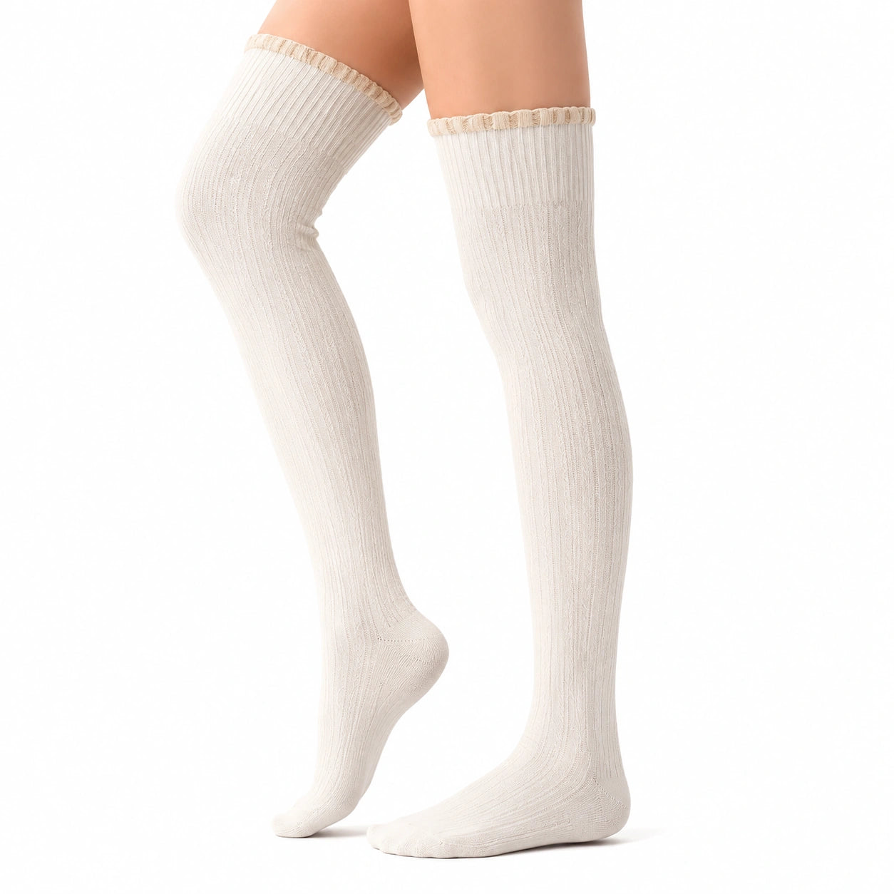 Chaussettes hautes 35-38 en maille côtelée écru style classique