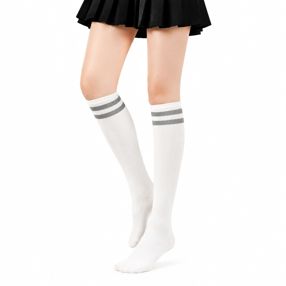 Chaussettes hautes 39-42 blanches à rayures grises style sportif