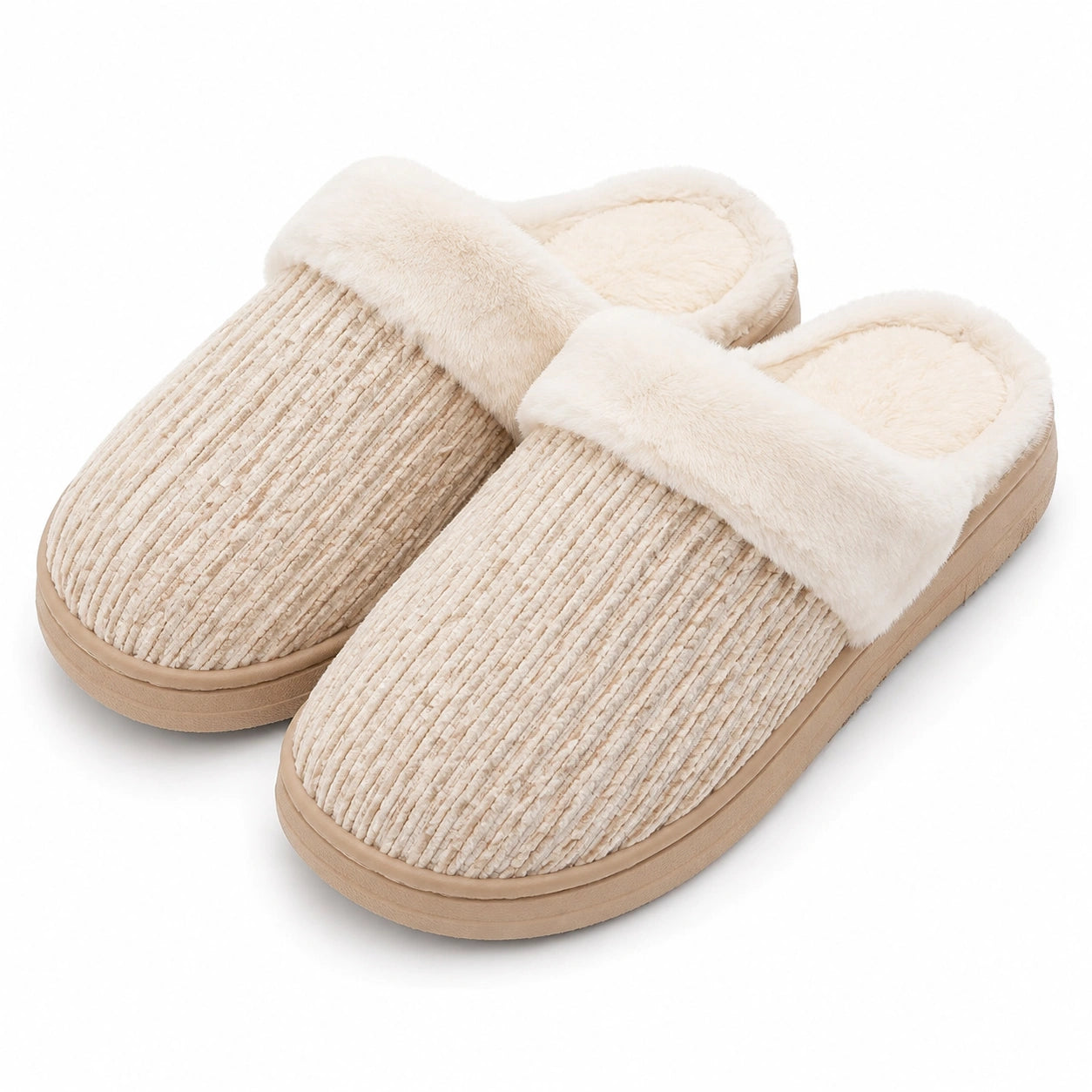 Chaussons d'intérieur 38/39 en textile peluche beige à semelle épaisse
