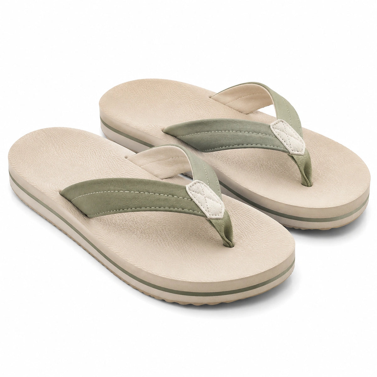 Tongs 40/41 en matière synthétique beige et vert kaki à semelle texturée pour plage